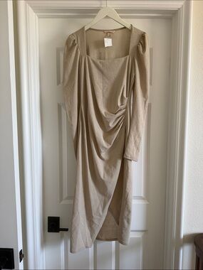 H&M Beige Draped Square-Neck Midi Dress
